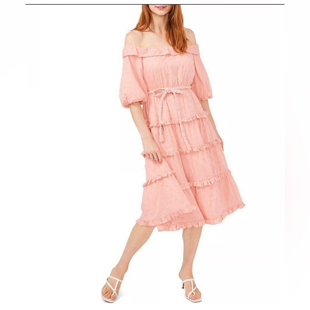NWT CHELSEA & VIOLET Puff Sleeve Midi Dress Ruffle Tiers & Embroidered size L